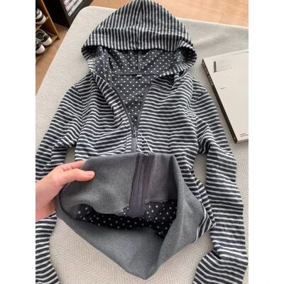2026 Fashion Vintage Gray White Striped Sweatshirts Korean L