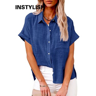 Sleeve Cotton Linen Casual Blouse Short Loose Vintage Solid