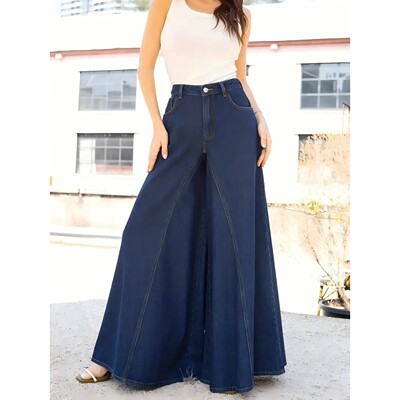 Women Elegant Simple Wide Leg Jeans Stretch Washed Denim Tro