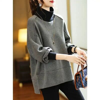 Women's Korean Style Color Block Turtleneck Sweatshirt Autum