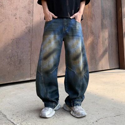 Bleached Straight Ankle Length Jeans Men Distressed Jean Was