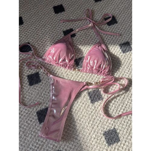 Shiny Pink Micro Bikini 2025 Mujer Women Sexy PU Pearls Push