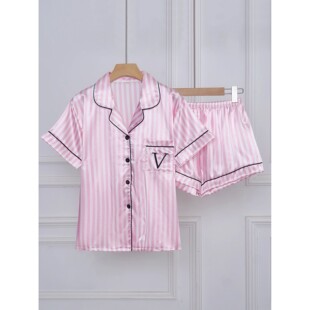 Pocket Short Sleeve Striped Shorts Letter and Embroidered
