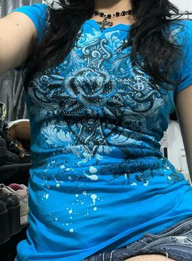 Women's Y2k Grunge T-Shirts 2000s Vinage Rhinestone Print He