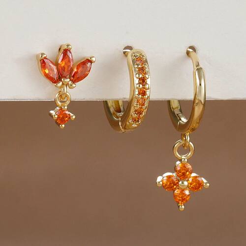 3PCS Fashion Orange Blue Zircon Hanging Earrings Set for Wom