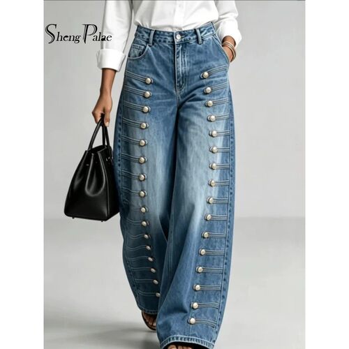 SHENGPALAE Women Denim Jeans High Waist Metal Button Decor W