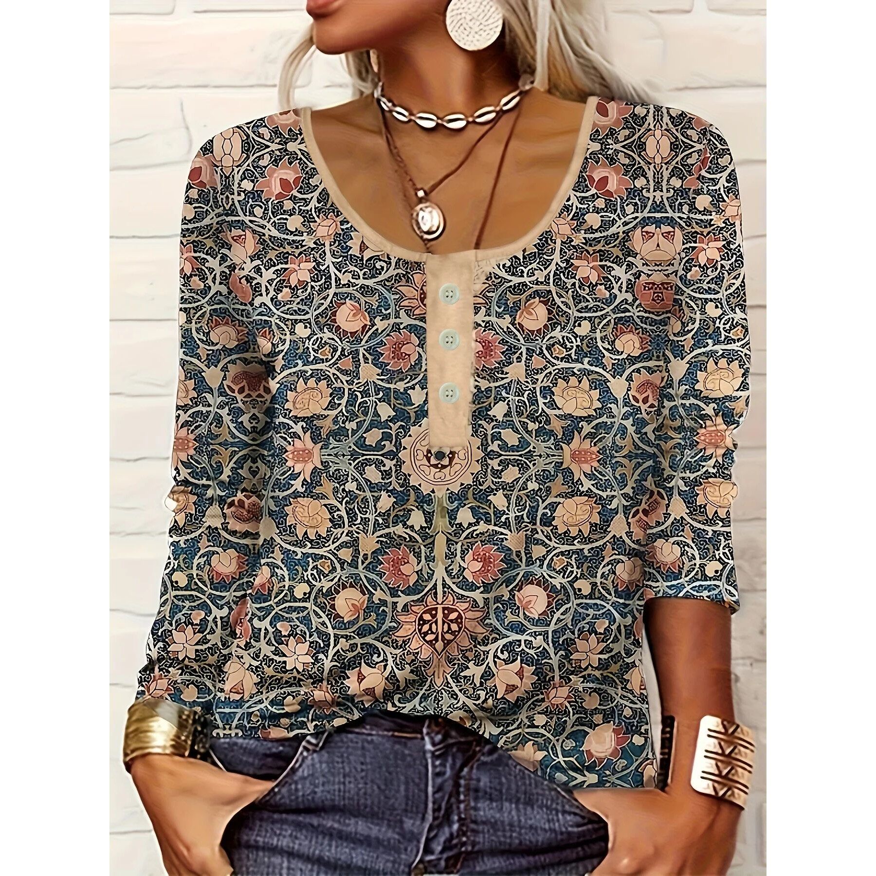 Autumn thin button ethnic print plus size women's long-sleev