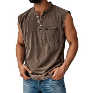 sleeveless vest for Vintage Henley washed men col distressed