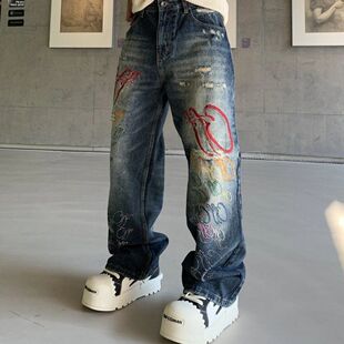 Loose Fit Men Style Jeans Embroidered Leg American Straight