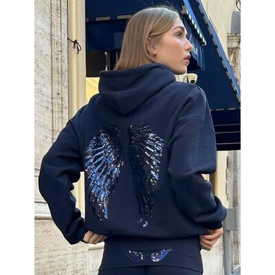 Women's Shinny Sequin Angel Wings Hooded Jacket Pant Long Sl