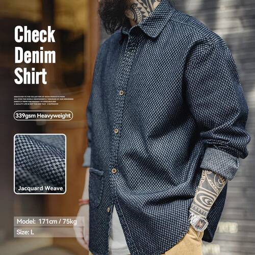 Maden Retro Checkered Long-sleeved Denim Shirt Loose Lapel S
