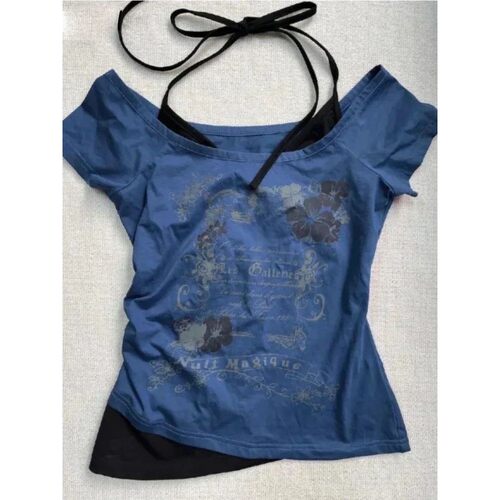 Vintage Fake Two Piece Halter Lace Up T-shirts Y2k Slim Fit
