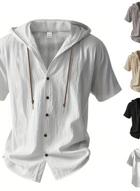 Cotton Linen Shirt for Men Hooded Short Sleeve Solid Color B