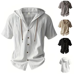 Short Shirt Color Solid Sleeve Hooded Men for Linen Cotton