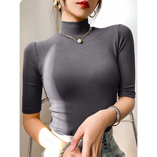 Women Turtleneck Sleeve Short Shirt Tshirt Basic Slim