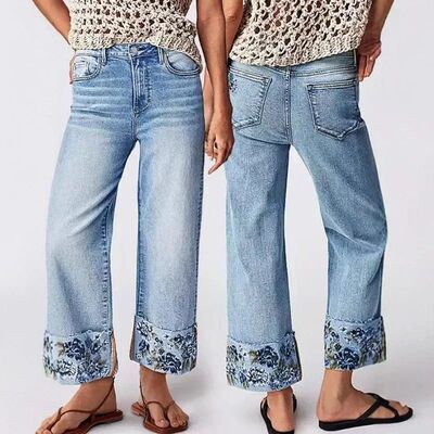 Y2K Mid Waist Jeans Women Embroidered Nine Quarter European