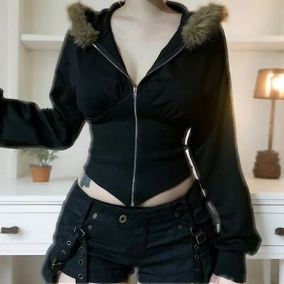 Lamuusaa y2k Jacket Women Punk Gothic Clothes Solid Color Fu