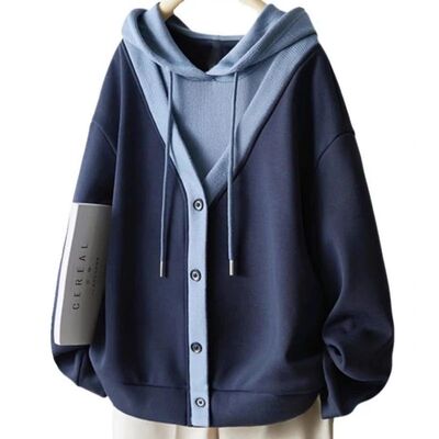 Fake Two Pieces Contrast Patchwork Lazy Hoodies Sweatshirts