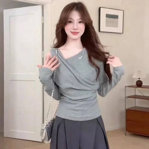 2025 Autumn Long Sleeve Skew Collar off shoulder T-shirt for
