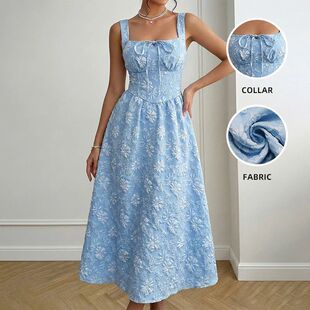 Spring and summer new blue jacquard square neck French dress