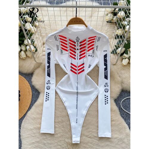 SINGREINY Autumn Long Sleeves Bodysuits Female O Neck Moto B