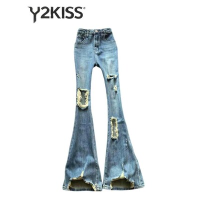 Summer Women's Flare Jeans Ripped High Waist Denim Pants Hol