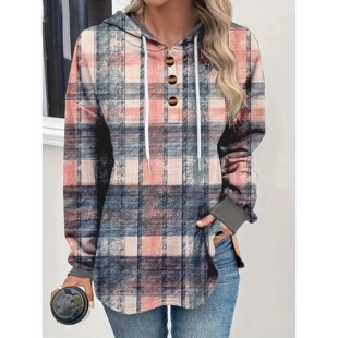 fashionable plaid print Fall hooded new drawstring Winter