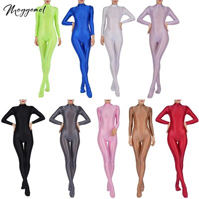 Womens Glossy Full Body Jumpsuit See Through Sheer Catsuits