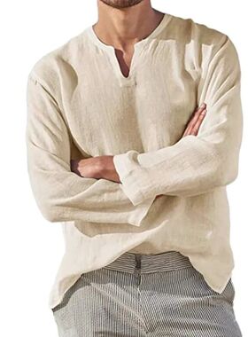 Men's Cotton Linen Shirt Cozy Solid Color Long Sleeve Breath