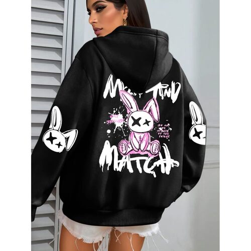 Mix And Match Cartoon Rabbit Prints Women Hoodie Pocket Stre
