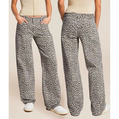 Fall Women's Straight Leg Leopard Print Denim Jeans - Stylis