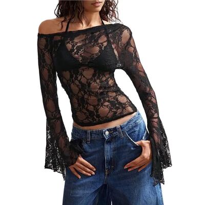 CYL-Women Off The Shoulder Tops Lace Mesh Long Sleeve Going