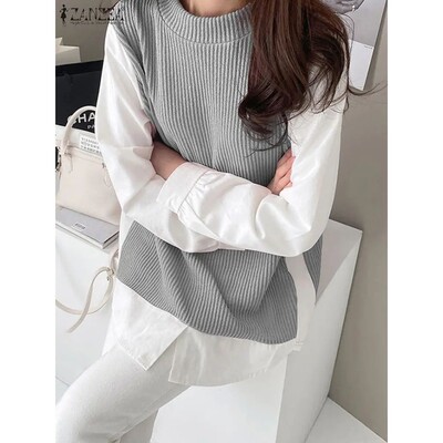 ZANZEA Korean Fashion Long Sleeve Sweatshirts Casual Patchwo