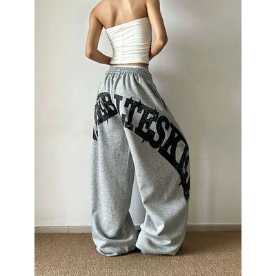 YIBASHU Women Grey Baggy Wide Leg Sweatpants American Letter
