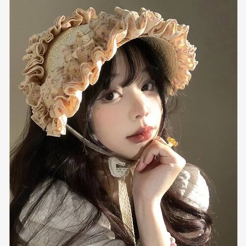 French Retro Lace Floral Woven Straw Caps for Women Summer 2