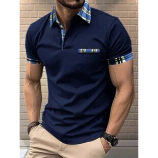 Plaid Coll Polo Shirt Sleeve Men Short Trim Navy with Blue