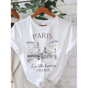 Short Casual Print Neck Crew Sleeve Girl shirt Women Paris