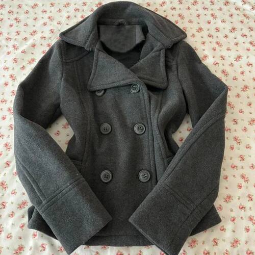 Y2K Women's Grey Double Breasted Short Coat Stand Collar Sli
