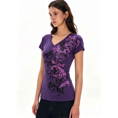 Japanese Subculture Vintage Purple Print T-Shirt Women Y2k A