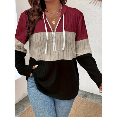 Plus Size Women's Hooded Fashion Knit Ribbed Cardigan Sweats