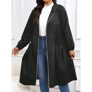 Hooded Solid Long Casual Coat Zip Drawstring Size Plus