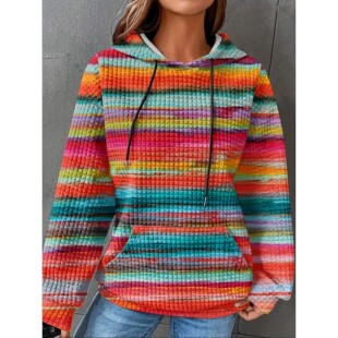 Size Striped Casual Hoodie Plus Drawstring Women Waffle