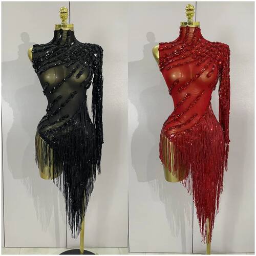 Sparkly Rhinestones Tassel Sexy See-Through Dress Women One