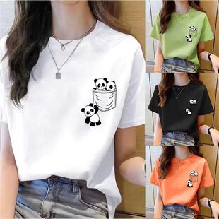 Top Summer Cartoon Short Print Panda Sleeve Pocket Women New