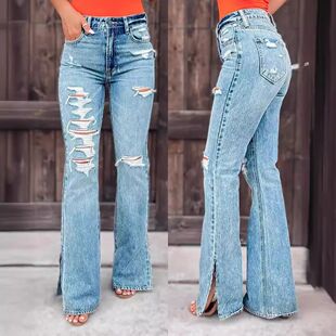 Color High with Slightly Pants Solid Ripped Women Waisted
