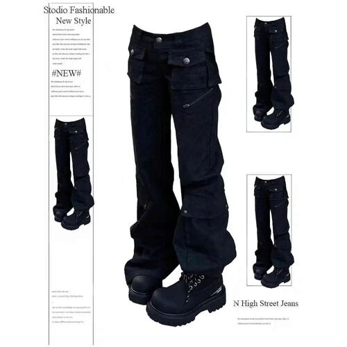 Fall Winter Women Goblin Core Goth Flare Denim Pants Japanes