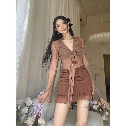 Y2k Crop Tops Women Summer Sexy Long Sleeve Bandage Blouses