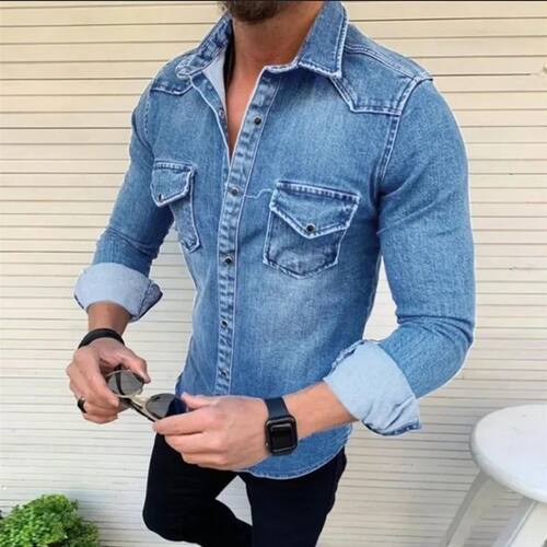 Vintage Solid Color Men Washed Denim Shirt 2024 Autumn Causa