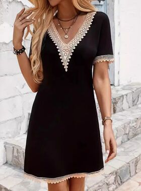 New V Neck Women's Dress Lace Trim Splicing Black Short Slee