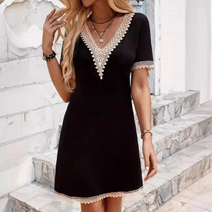 Black Slee Women Lace Trim Dress Neck Short New Splicing